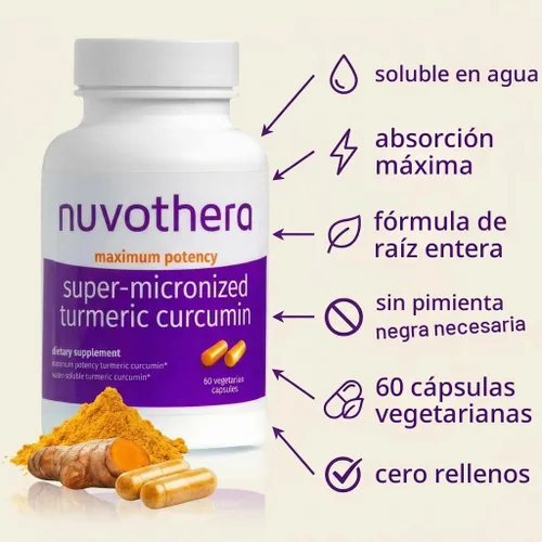 Vista 2 de Nuvothera Cápsulas de curcumina de cúrcuma supermicronizada de absorción rápida, raíz entera, sin OMG, piel, salud intestinal y antioxidantes