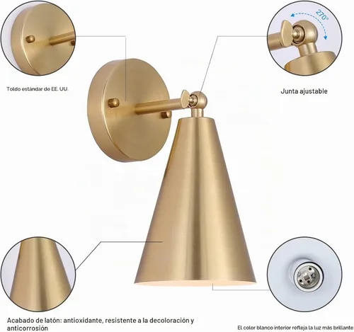Vista 5 de MWZ Juego de 2 Apliques Dorados, Apliques de Pared Modernos de Latón con Pantalla de Metal, Lámpara de Brazo Oscilante de Montaje en Pared