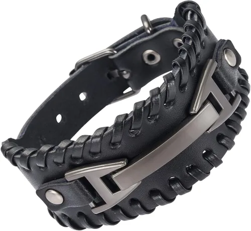Vista 4 de Hamoery Men Leather Bracelet Punk Braided Rope Alloy Bracelet Bangle Wristband