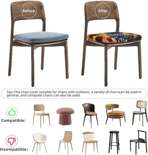 Vista 8 de Fundas de asiento cuadradas para silla de comedor con girasoles azules vintage, de 16.9 pulgadas, dos piezas, funda de cojín elástica ajustable