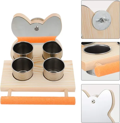 Vista 9 de Espejo de loro con cuenco de comida de agua o jaula de pájaros, soporte de madera para alimentación, accesorio para jaula, cuenco de alimentación