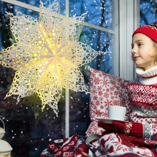 Vista 3 de Mudder 10 piezas de linterna de papel copo de nieve, linterna de papel estrella con 14 luces LED, lámpara de papel, decoración colgante de fiesta