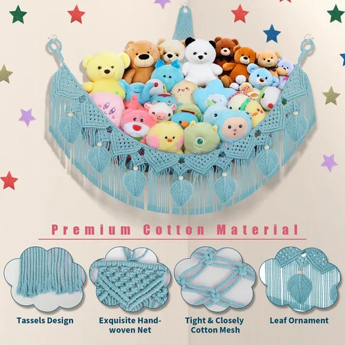 Vista 4 de Hamaca Esquinera para Animales de Peluche - Jumbo de 56'' Hecha a Mano con Cordón Doble de Macramé de 5mm, Red de Almacenamiento de Animales