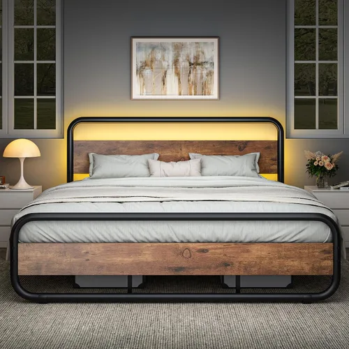 Vista 10 de Catrimown - Marco para cama individual con luces LED, marco de cama plataforma individual resistente de metal rústico con cabecera de madera