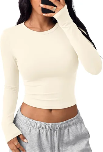 Vista 40 de Trendy Queen Camisetas cortas de manga larga para mujer, camisetas básicas Blanco