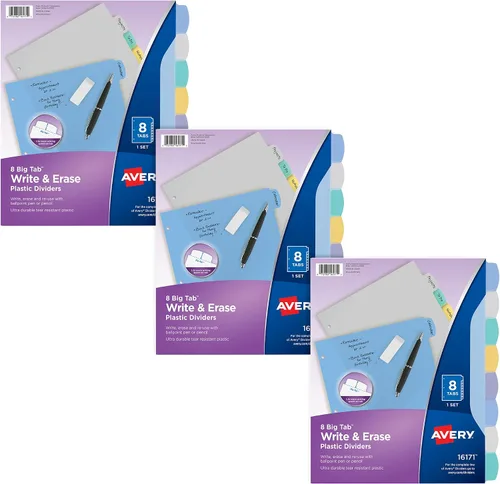Vista 8 de Avery® Separadores de plástico duraderos para escribir con pestañas borrables, 11 x 8 1/2 pulgadas, multicolor, 8 pestañas