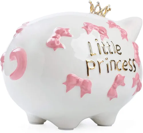 Vista 8 de Alcancía de cerámica, banco de monedas, caja de dinero de princesa corona para niña (rosa, 8.3 pulgadas de largo)