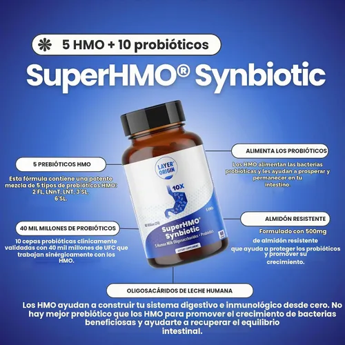 Vista 4 de SuperHMO: Cápsulas Sinbióticas con 5 Prebióticos HMO y 40 mil millones de probióticos CFU - Bifidobacterias y Lactobacillus, 60