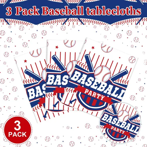 Vista 4 de Newwiee 3 manteles de béisbol de plástico para fiesta de béisbol, mantel deportivo para fiesta de cumpleaños, día del juego, decoración