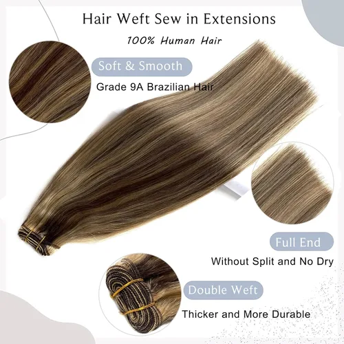 Vista 3 de Extensiones de cabello humano real, balayage, color castaño ceniza a rubio miel, extensiones de cabello humano con reflejos, 14 pulgadas, 2.82 oz
