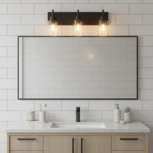 Vista 2 de Lámparas de tocador, lámparas de baño negro mate sobre el espejo, lámpara moderna de apliques de pared con pantalla de vidrio transparente (3 luces)