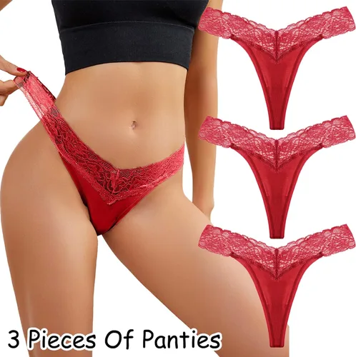 Vista 2 de Tangas sexy de encaje para mujer, traviesas para sexojuego, con espalda en T, cintura baja, cómodas, suaves, recortadas, lencería atrevida