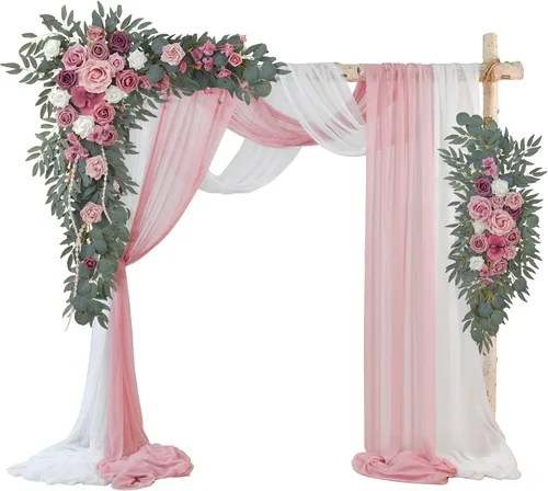 Vista 9 de Ting's time Juego de flores para arco de boda con cortinas (paquete de 4), 2 guirnaldas florales azul polvoriento y 2 cortinas de tela