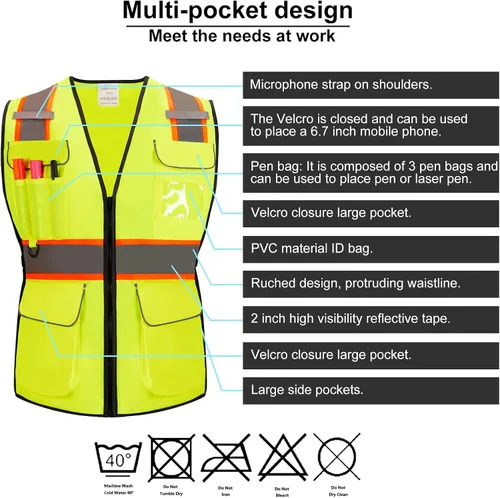 Vista 3 de Chaleco de seguridad reflectante Hi Vis, clase 2, con 7 bolsillos y cremallera, cumple con las normas ANSI/ISEA