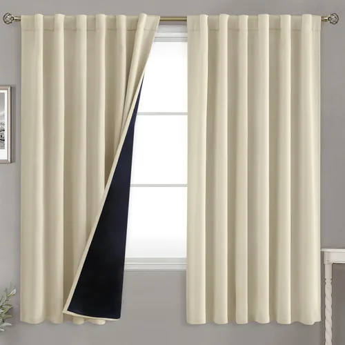 Vista 170 de BGment Cortinas 100% opacas beige de 63 pulgadas de largo con forro aislante térmico, bolsillo para varilla y lengüeta trasera de doble capa
