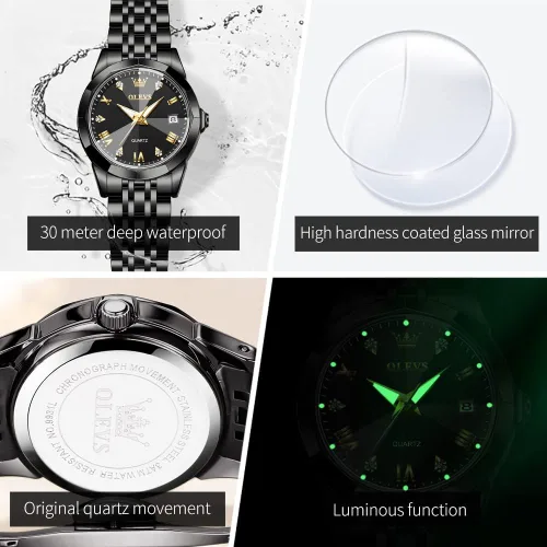 Vista 12 de OLEVS Reloj para parejas para él y ella, reloj analógico de cuarzo para hombres y mujeres, de acero inoxidable, impermeable, luminoso, fecha, reloj
