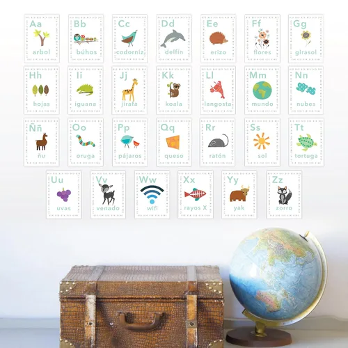 Vista 2 de Tarjetas de pared del alfabeto español de 5 x 7 pulgadas, nuestro mundo, temática de la naturaleza, arte de pared para niños, decoración