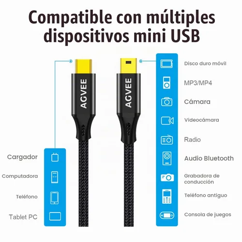 Vista 5 de AGVEE Cable USB-C a Mini USB de 1 pie, puntas terminales chapadas en oro, cable trenzado duradero Mini-B de 5 pines a Tipo-C para carga y datos OTG