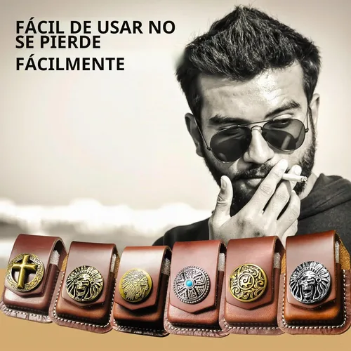 Vista 6 de Funda de cuero para encendedor, bolsa de cuero con tapa abatible, funda de soporte con trabilla para cinturón de bolsillo, hecha a mano