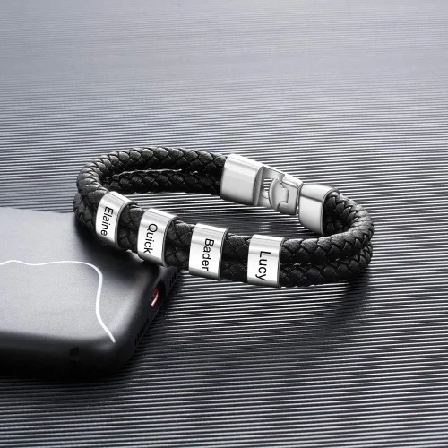 Vista 4 de Pulseras de cuero personalizadas para hombre, pulsera con nombre para papá, grabado gratuito, cuentas de nombre de familia, pulseras