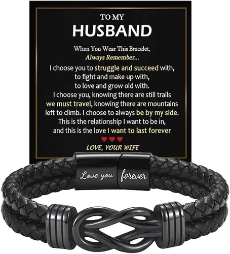 Vista 9 de Pulsera con nudo infinito con texto en inglés "To My Man", de acero inoxidable trenzado y cuero trenzado, inspirador, grabado Love You Forever