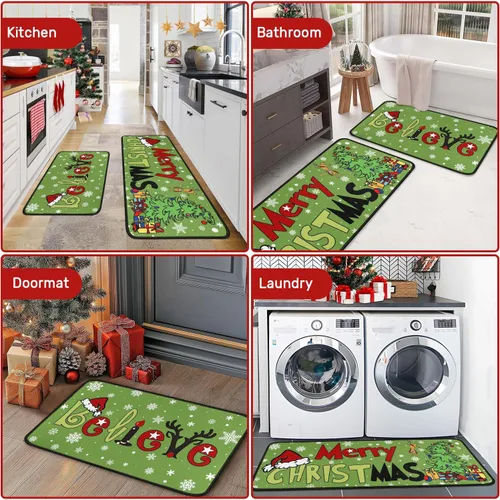 Vista 6 de Juego de 2 alfombras de cocina de Feliz Navidad, tapetes de cocina del Grinch para el suelo, decoración de cocina de Navidad, decoraciones festivas