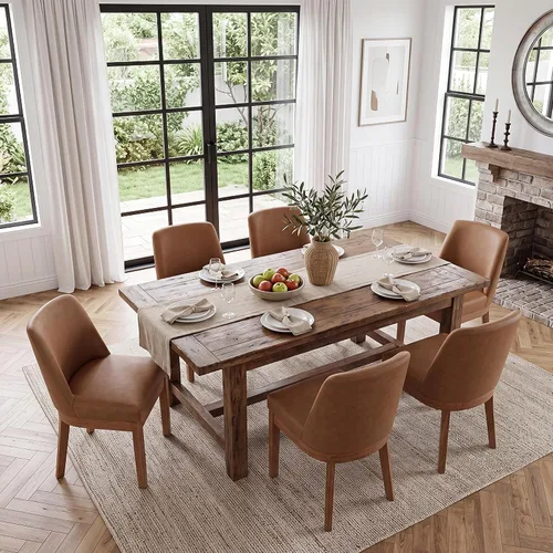 Vista 14 de HNY Juego de 2 sillas de comedor modernas con cómodo soporte de espalda, sillas de comedor tapizadas de lino suave con patas de madera maciza