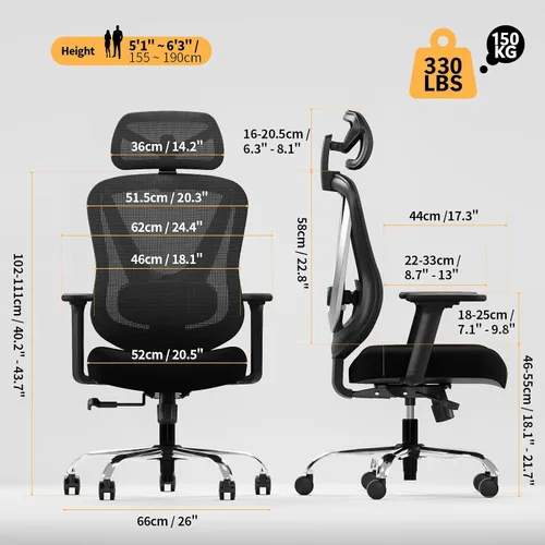 Vista 2 de HOLLUDLE Silla de oficina ergonómica de malla, soporte lumbar ajustable 3D y reposabrazos 3D, respaldo en forma de V, silla de escritorio ajustable