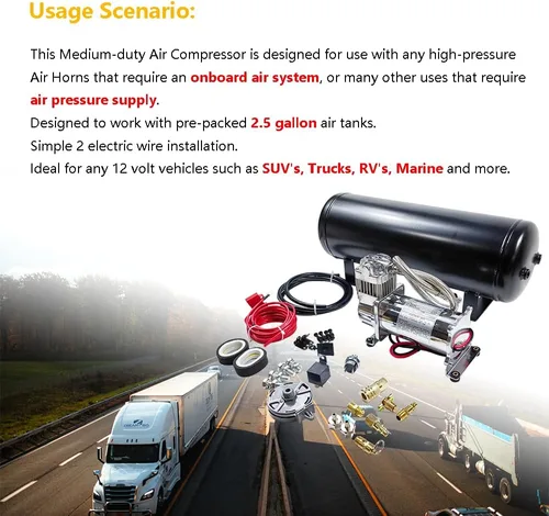 Vista 14 de Sistema de aire a bordo de servicio medio/kit compresor 150 PSI 12V con tanque de bocina de tren/aire de 2,5 galones (9,5 litros)