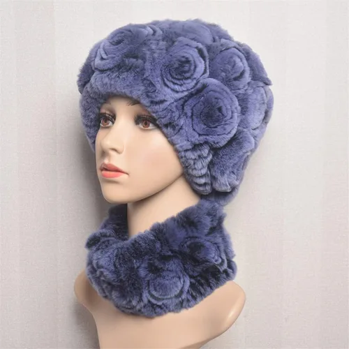 Vista 3 de Conjunto de sombreros de invierno para mujer, gorro de piel elástica, gorro de bufanda para mujer, sombrero de flores de rosa, suave, resistente al