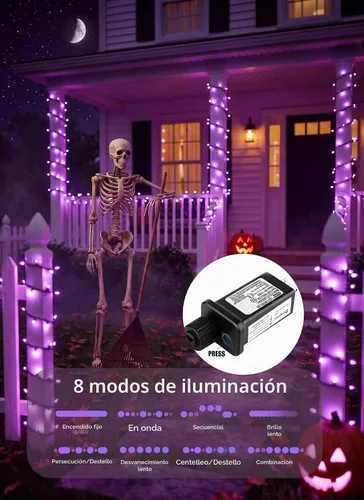 Vista 2 de Luces moradas de Halloween para exteriores, 33 pies, 100 luces LED impermeables de Navidad con 8 modos de iluminación, decoraciones de Halloween
