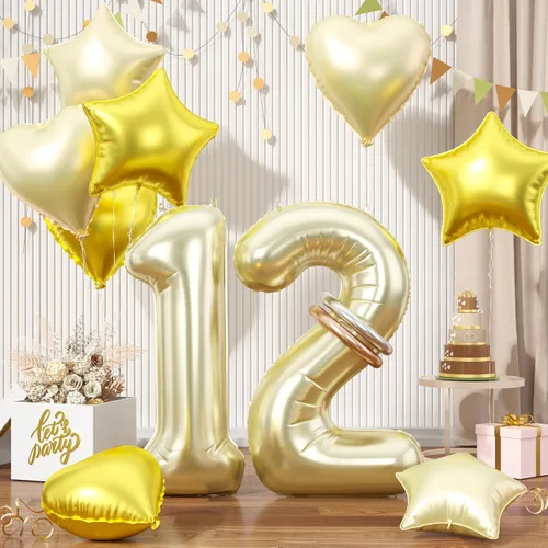 Vista 59 de Globos dorados de color champán con el número 11, globos de oro claro, globo de aluminio dorado con forma de corazón con estrella y globo largo