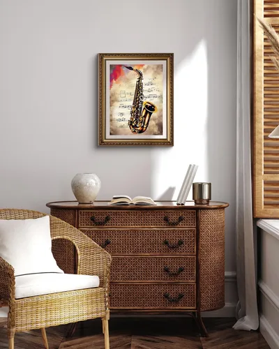 Vista 3 de YEEIFFD Notas musicales vintage de Navidad, saxofón musical retro, kit de pintura de diamantes para adultos, arte de diamantes por números, arte