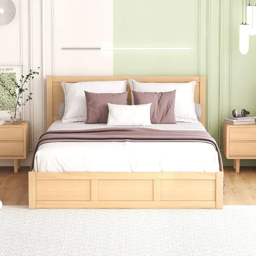 Vista 3 de Cama de plataforma de almacenamiento de tamaño matrimonial, con cajones de cabecera y soporte de listones de madera, base de cama de plataforma