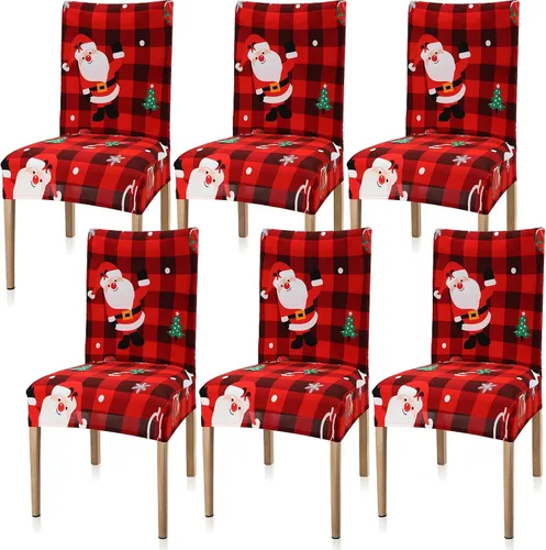 Vista 8 de Macarrie Juego de fundas elásticas para sillas de Navidad, fundas protectoras para sillas estampadas, lavables, elásticas, a cuadros rojos y negros