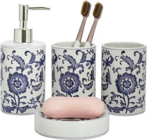 Vista 4 de Juego de accesorios de baño de coral azul, porcelana, decoración de baño costero, dispensador de jabón, soporte para cepillo de dientes, bandeja
