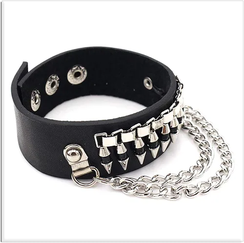 Vista 5 de Xusamss 2 pulseras punk, de aleación, remaches, bala, cadena, cuero, 7 1/2 muñecas