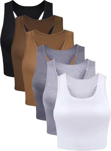 Vista 7 de 6 piezas de camisetas básicas sin mangas con espalda cruzada deportivas, cortas, para mujeres y niñas, uso diario