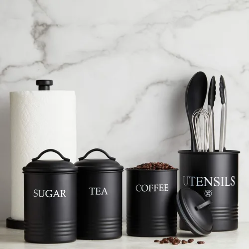 Vista 7 de Juego de 3 recipientes de cocina con tapa para almacenamiento de alimentos, color negro