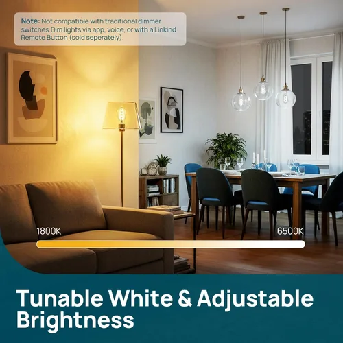 Vista 5 de Linkind Matter - Bombillas inteligentes, ST19/ST58 E26, bombilla LED compatible con Alexa, bombillas inteligentes, bombillas WiFi, bombilla RGBTW