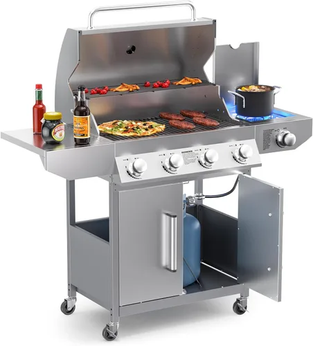 Vista 12 de SKOK Parrilla de gas propano de 4 quemadores con quemadores laterales y traseros infrarrojos, parrilla de barbacoa al aire libre con rejillas