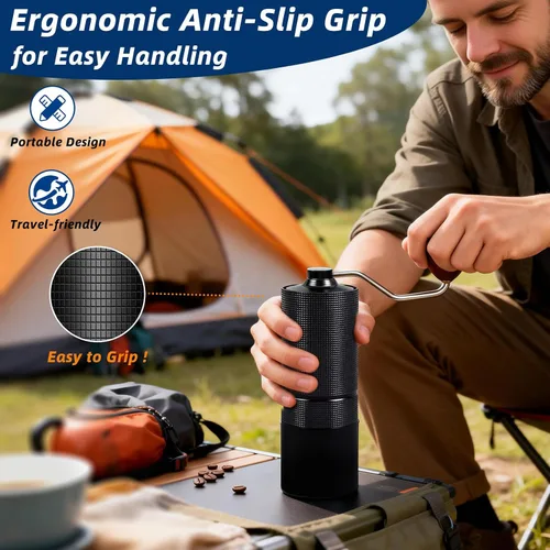 Vista 5 de Molinillo de café manual, rebaba cónica de acero inoxidable con ajuste ajustable, posicionamiento de doble rodamiento para prensa francesa, goteo