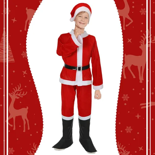 Vista 4 de Geyoga Bonitos trajes de Navidad que incluyen zapatos con sombrero y otros accesorios para cosplay de niños (estilo Santa, M)