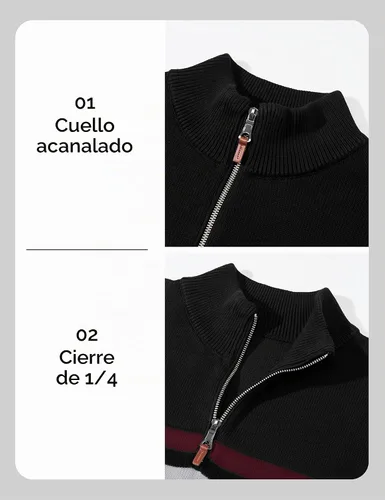 Vista 5 de MAGCOMSEN Suéteres de algodón con cremallera de 1/4 para hombre, suéter tipo polo, a rayas, para otoño e invierno, sudaderas cálidas Negro