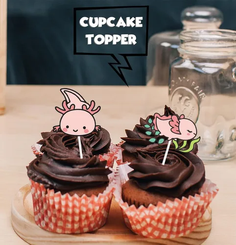 Vista 5 de 18 piezas de decoración de postre de ajolote rosa con purpurina, diseño de animales de dibujos animados, baby shower, niñas y niños, decoración