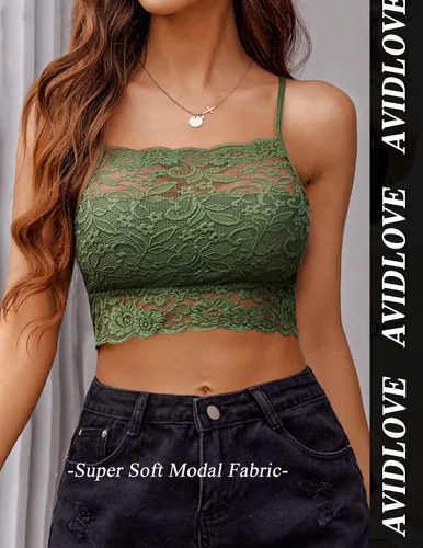Vista 3 de Avidlove Bralette de encaje para mujer, camisolas de cuello alto, espalda cruzada, top corto de doble capa