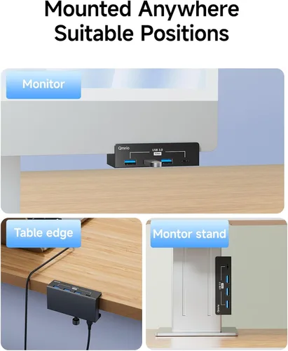 Vista 6 de Hub USB 3.0, concentrador USB con abrazadera de 5 Gbps para escritorio/monitores con puerto de fuente de alimentación adicional, 3 puertos de datos