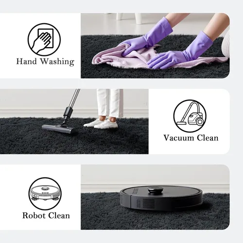 Vista 5 de Alfombras pequeñas de 2 x 3 pies, alfombra negra para dormitorio, alfombra moderna de pelo largo, alfombra pequeña, alfombra de noche esponjosa