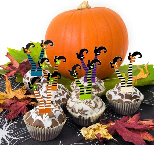 Vista 5 de Whaline Decoración para cupcakes de Halloween, para botas de bruja, decoración de cupcakes de papel para decoración de platos de cupcakes