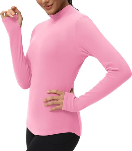 Vista 9 de THE GYM PEOPLE Camisas de forro polar de cuello alto falso de capa base, camisetas de entrenamiento de manga larga con agujero para el pulgar